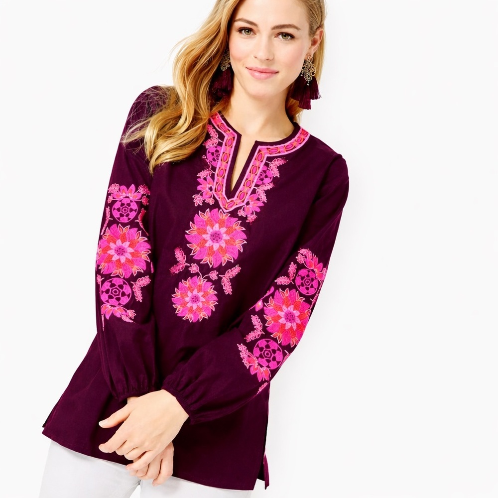 Lilly Pulitzer S Coretta Tunic top in Cherry 0962 Ganache burgundy embroidered